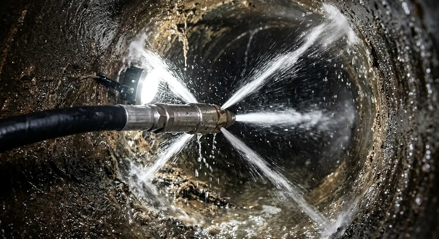 High-pressure hydro jetting nozzle cleaning sewer pipe for Emergency Drain Service in St. Albans