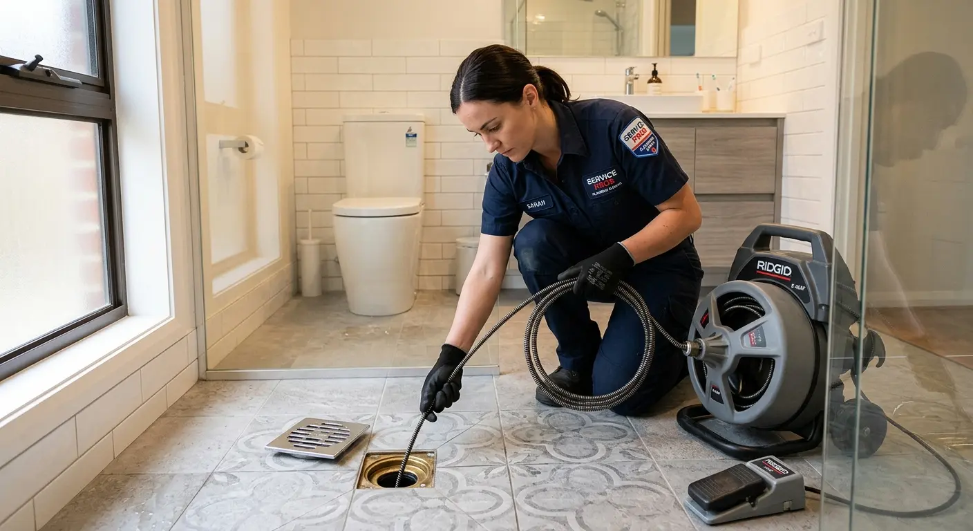 Technician clearing a bathroom floor drain for Drain Repair in St. Albans